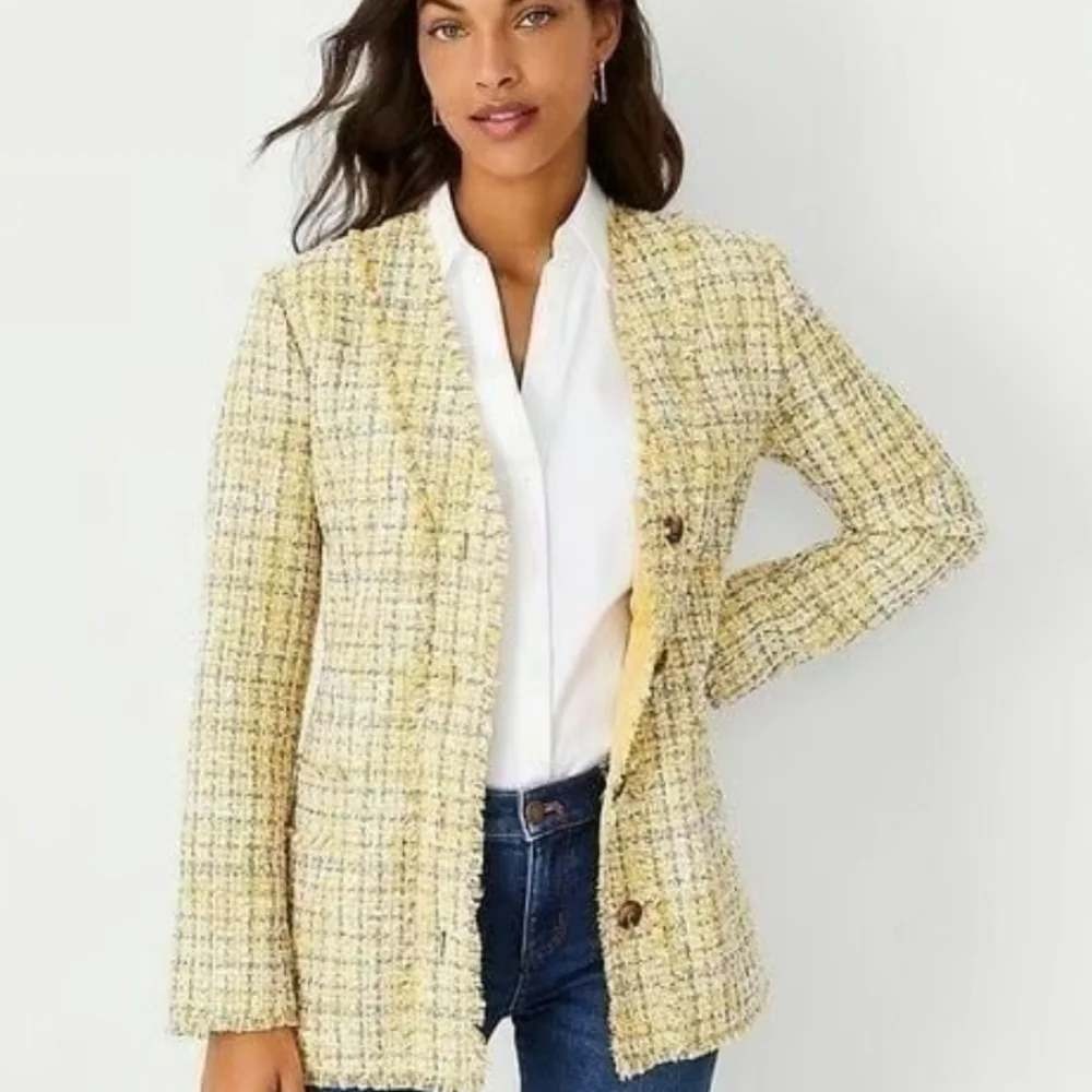 Ann Taylor Tweed Blazer Jacket Women 8 Yellow Preppy Academia Old Money Colorful